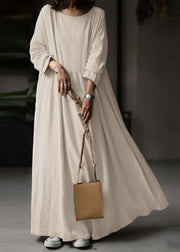 Loose White O Neck Solid Cotton Maxi Dress Long Sleeve