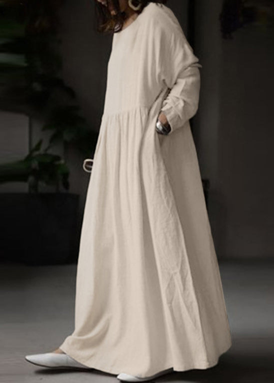 Loose White O Neck Solid Cotton Maxi Dress Long Sleeve