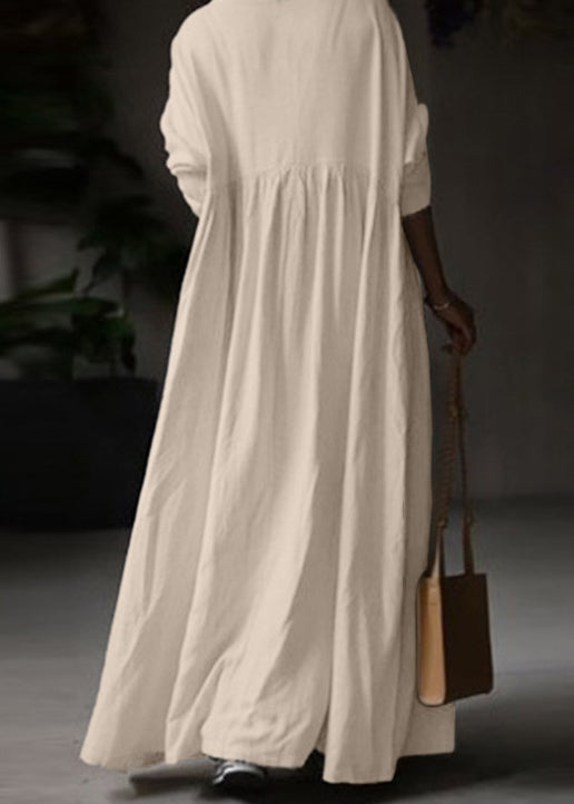Loose White O Neck Solid Cotton Maxi Dress Long Sleeve