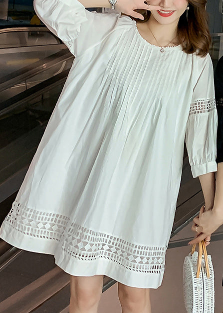 Loose White O-Neck Wrinkled Hollow Out Mid Dress Fall