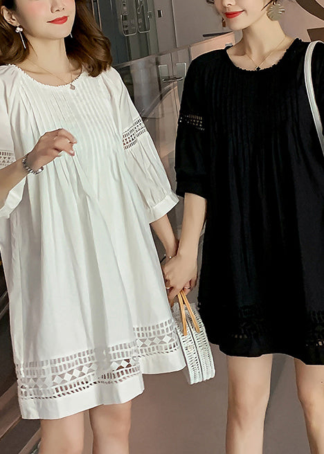 Loose White O-Neck Wrinkled Hollow Out Mid Dress Fall