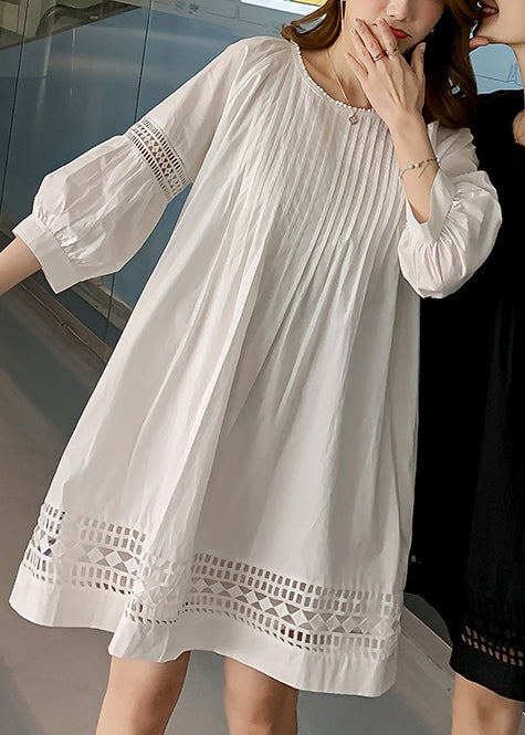 Loose White O-Neck Wrinkled Hollow Out Mid Dress Fall