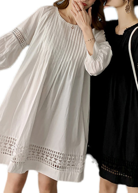 Loose White O-Neck Wrinkled Hollow Out Mid Dress Fall