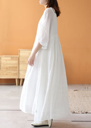 Loose White O Neck Wrinkled Patchwork Linen Long Dresses Summer