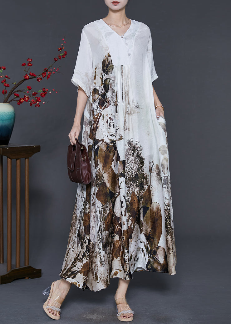 Loose White Oversized Print Silk Maxi Dresses Summer