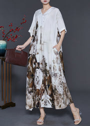 Loose White Oversized Print Silk Maxi Dresses Summer