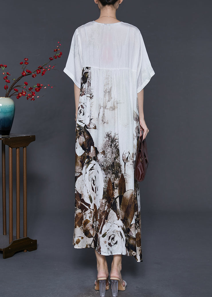 Loose White Oversized Print Silk Maxi Dresses Summer