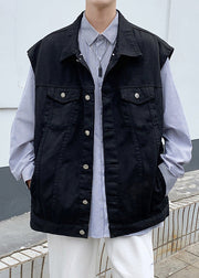 Loose White Peter Pan Collar Button Denim Mens Waistcoat Sleeveless