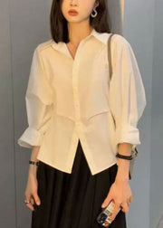 Loose White Peter Pan Collar Button Patchwork Cotton Blouse Spring