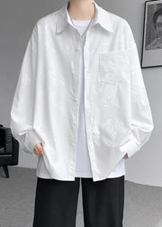 Loose White Peter Pan Collar Button Print Cotton Mens Shirt Spring