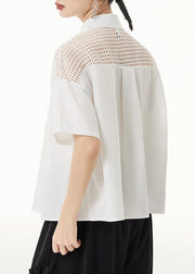 Loose White Peter Pan Collar Hollow Out Patchwork Cotton Shirt Summer