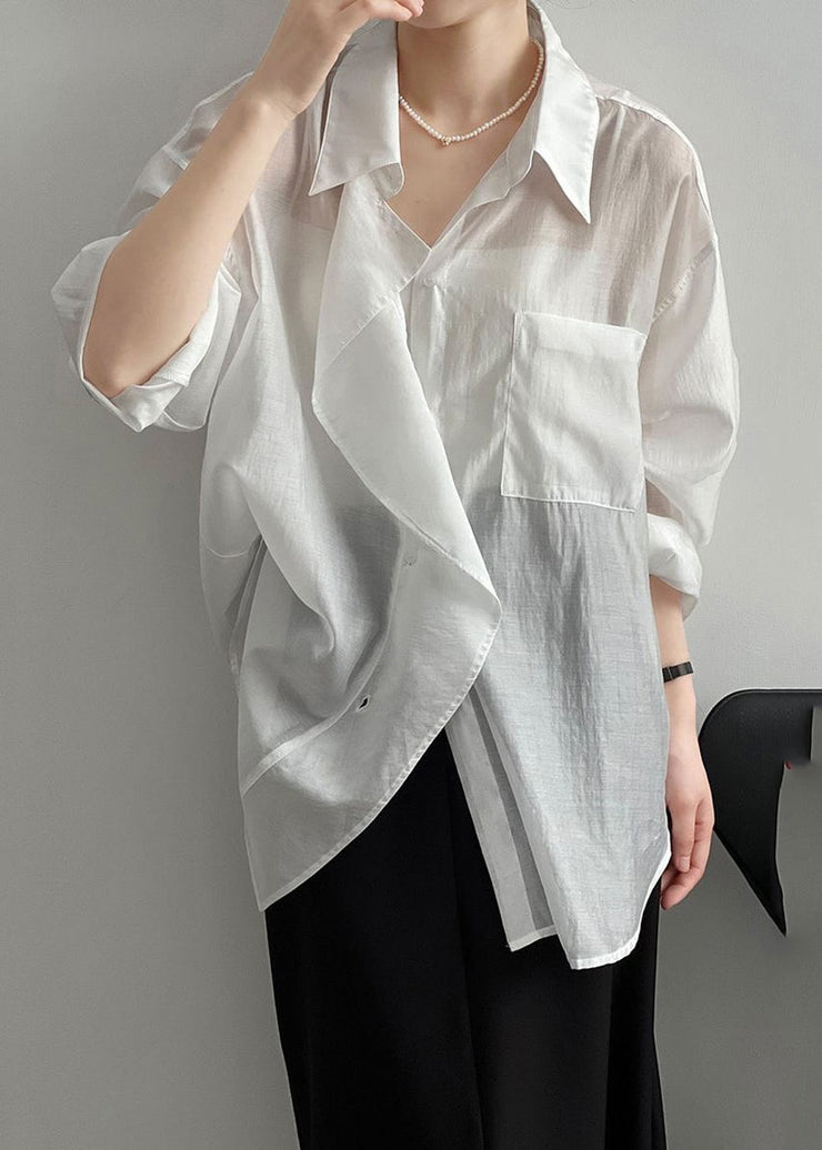 Loose White Peter Pan Collar Patchwork Button Silk Shirt Long Sleeve