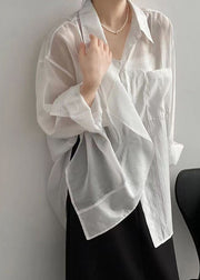 Loose White Peter Pan Collar Patchwork Button Silk Shirt Long Sleeve