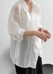 Loose White Peter Pan Collar Patchwork Button Silk Shirt Long Sleeve