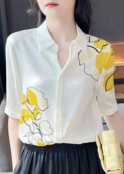 Loose White Peter Pan Collar Print Button Silk Shirts Short Sleeve