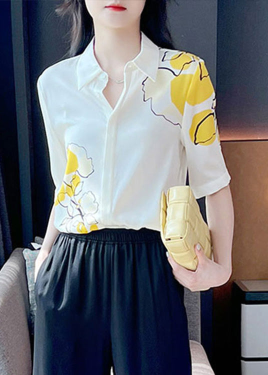 Loose White Peter Pan Collar Print Button Silk Shirts Short Sleeve