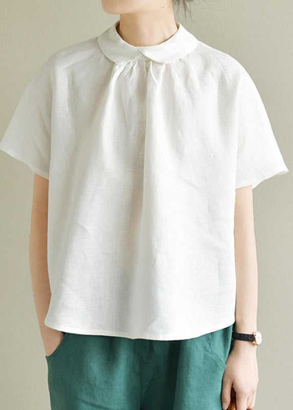 Loose White Peter Pan Collar Solid Linen Top Summer