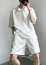 Loose White Peter Pan Collar Zippered Cotton Mens Two Piece Set Summer