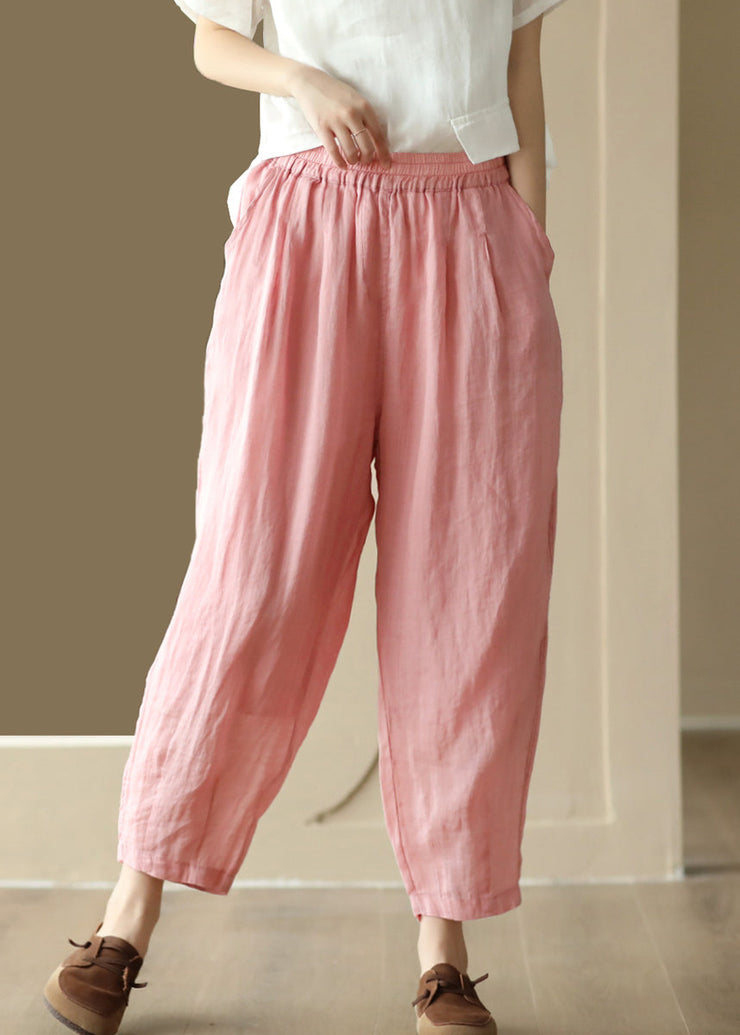 Loose White Pockets Elastic Waist Linen Crop Pants Summer