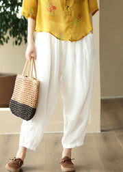 Loose White Pockets Elastic Waist Linen Crop Pants Summer