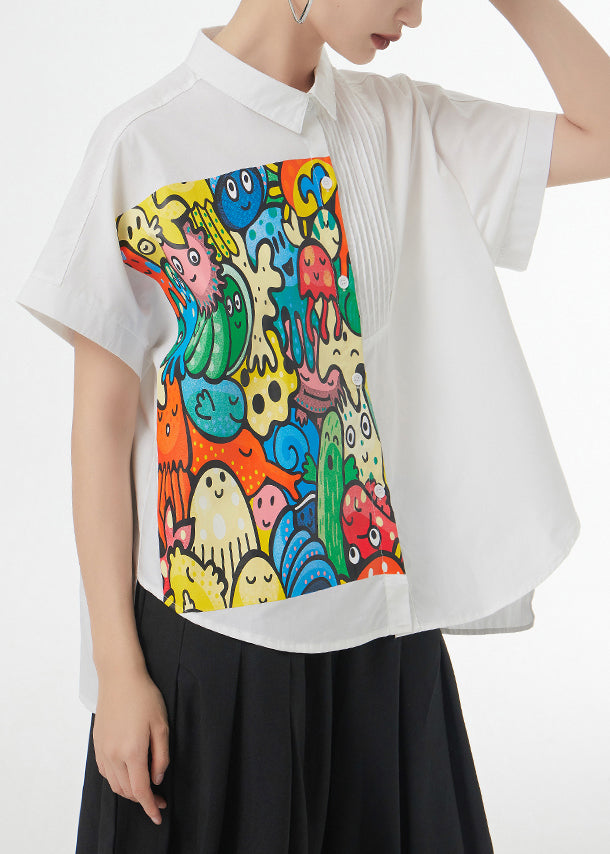 Loose White Print Low High Design Patchwork Cotton Shirt Short Sleeve