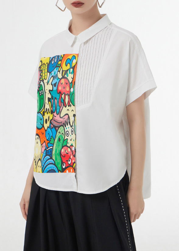 Loose White Print Low High Design Patchwork Cotton Shirt Short Sleeve