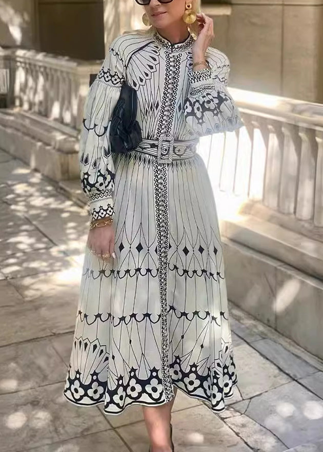 Loose White Print Sashes Cotton Dress Long Sleeve