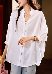 Loose White Ruffled Button Solid Blouses Bracelet Sleeve