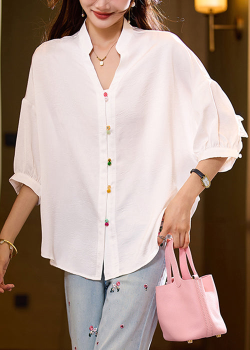 Loose White Ruffled Button Solid Blouses Bracelet Sleeve