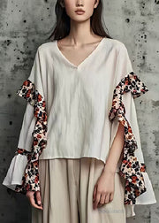 Loose White Ruffled Patchwork Cotton Blouses Summer