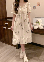 Loose White Ruffled Print Cotton Pajamas Long Dress Summer