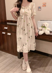 Loose White Ruffled Print Cotton Pajamas Long Dress Summer