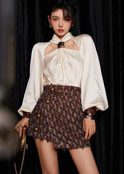 Loose White Sequins Shirts And Skirts Silk Cotton Two Pieces Set Long Sleeve