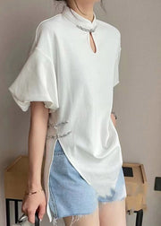 Loose White Stand Collar Button Side Open Silk Shirt Lantern Sleeve