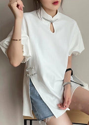 Loose White Stand Collar Button Side Open Silk Shirt Lantern Sleeve