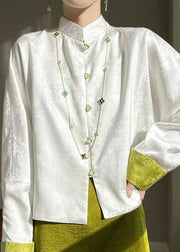 Loose White Stand Collar Button Silk Shirt Long Sleeve