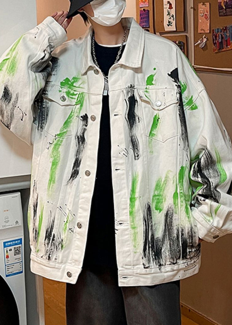 Loose White Tie Dye Button Denim Men Coat Fall