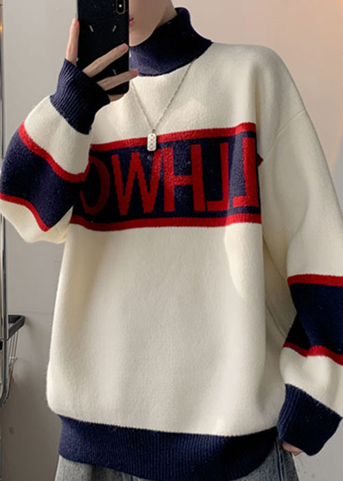 Loose White Turtleneck Letter Patchwork Knit Men Sweater Winter