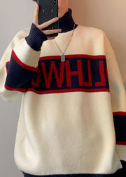 Loose White Turtleneck Letter Patchwork Knit Men Sweater Winter