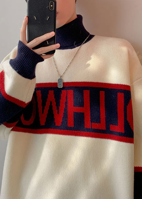 Loose White Turtleneck Letter Patchwork Knit Men Sweater Winter