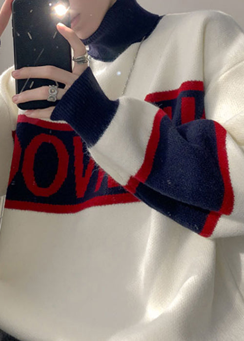 Loose White Turtleneck Letter Patchwork Knit Men Sweater Winter