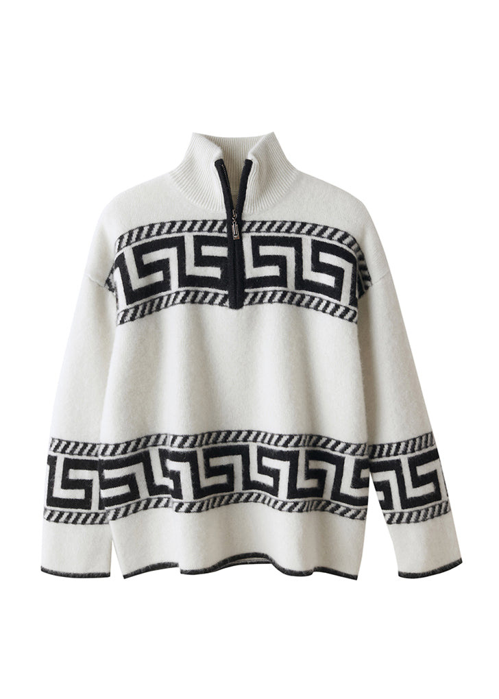 Loose White Turtleneck Print Knit Zippered Cashmere Top Long Sleeve