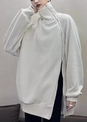 Loose White Turtleneck Side Open Fleece Sweatshirt Pullover Fall