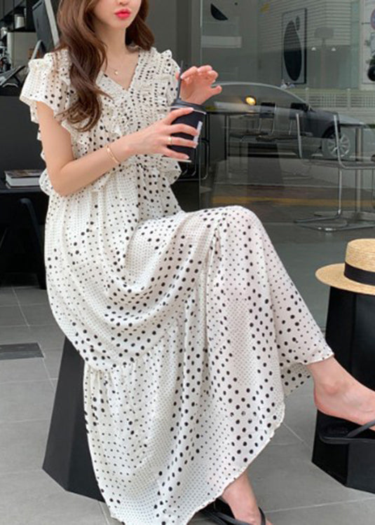 Loose White V Neck Asymmetrical Patchwork Wrinkled Dot Maxi Dress Short Sleeve