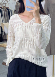 Loose White V Neck Hollow Out Patchwork Knit Top Long Sleeve