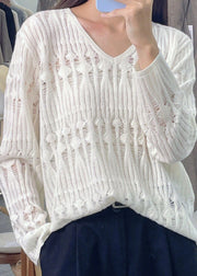 Loose White V Neck Hollow Out Patchwork Knit Top Long Sleeve