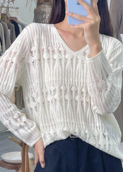 Loose White V Neck Hollow Out Patchwork Knit Top Long Sleeve