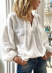 Loose White V Neck Lace Up Solid Linen Blouses Long Sleeve