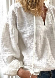 Loose White V Neck Lace Up Solid Linen Blouses Long Sleeve