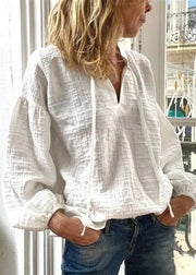 Loose White V Neck Lace Up Solid Linen Blouses Long Sleeve